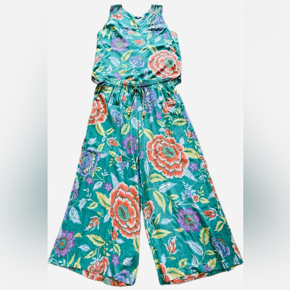 NWOT Rachel Zoe Turquoise Tropical Floral Wide Leg Pants Set Women’s Small